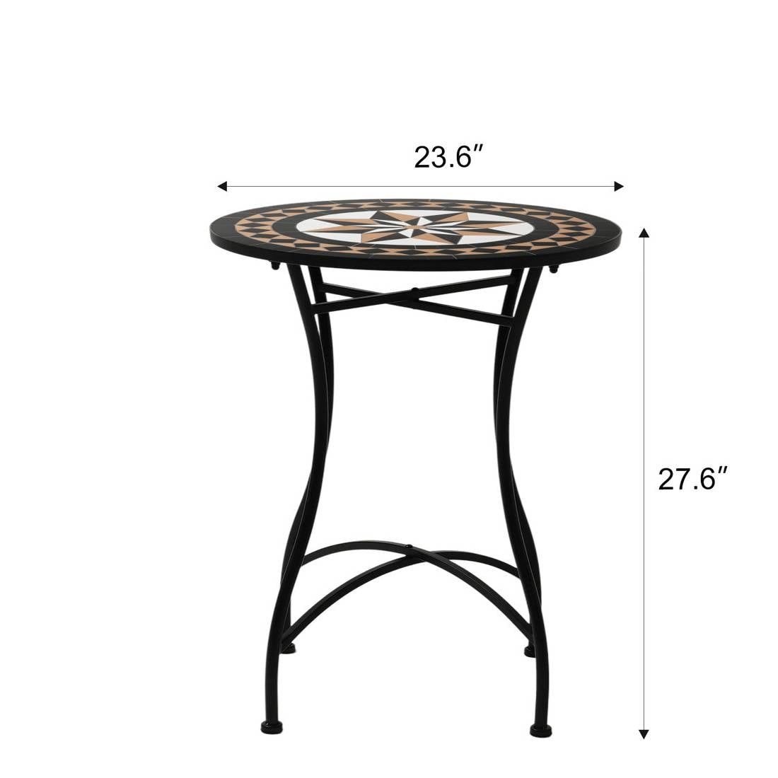 Round 24-inch Black Tan Mosaic Tile Star Pattern Bistro Table with Metal Legs