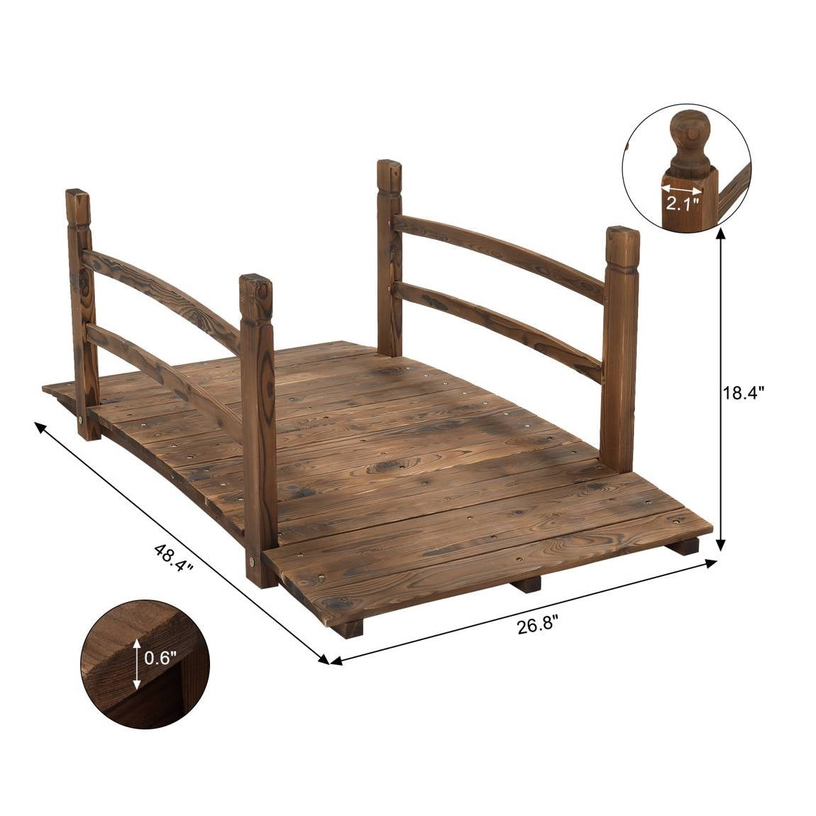 Solid Dark Wood 4-Ft Garden Bridge with Handrails