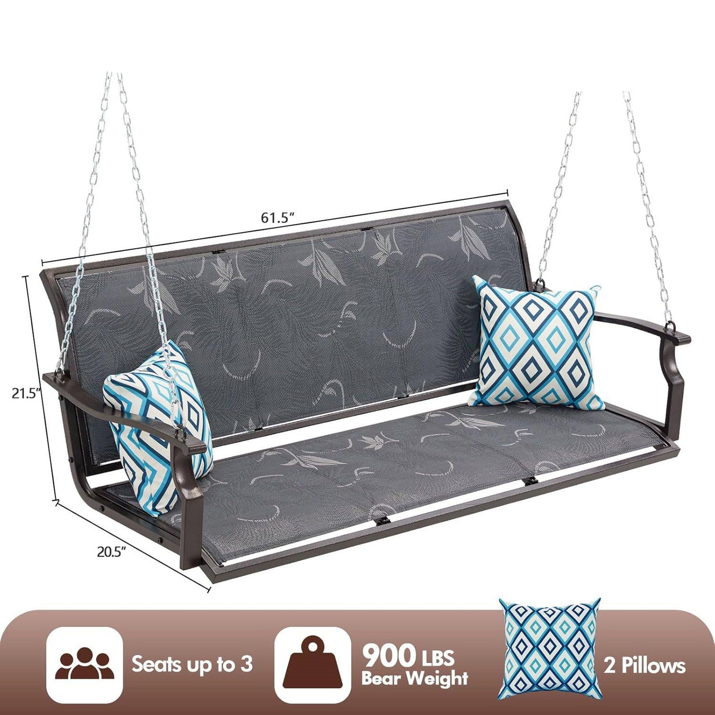Grey Outdoor 2-Person Heavy Duty Porch Swing with 900 lb. Weight Capacity