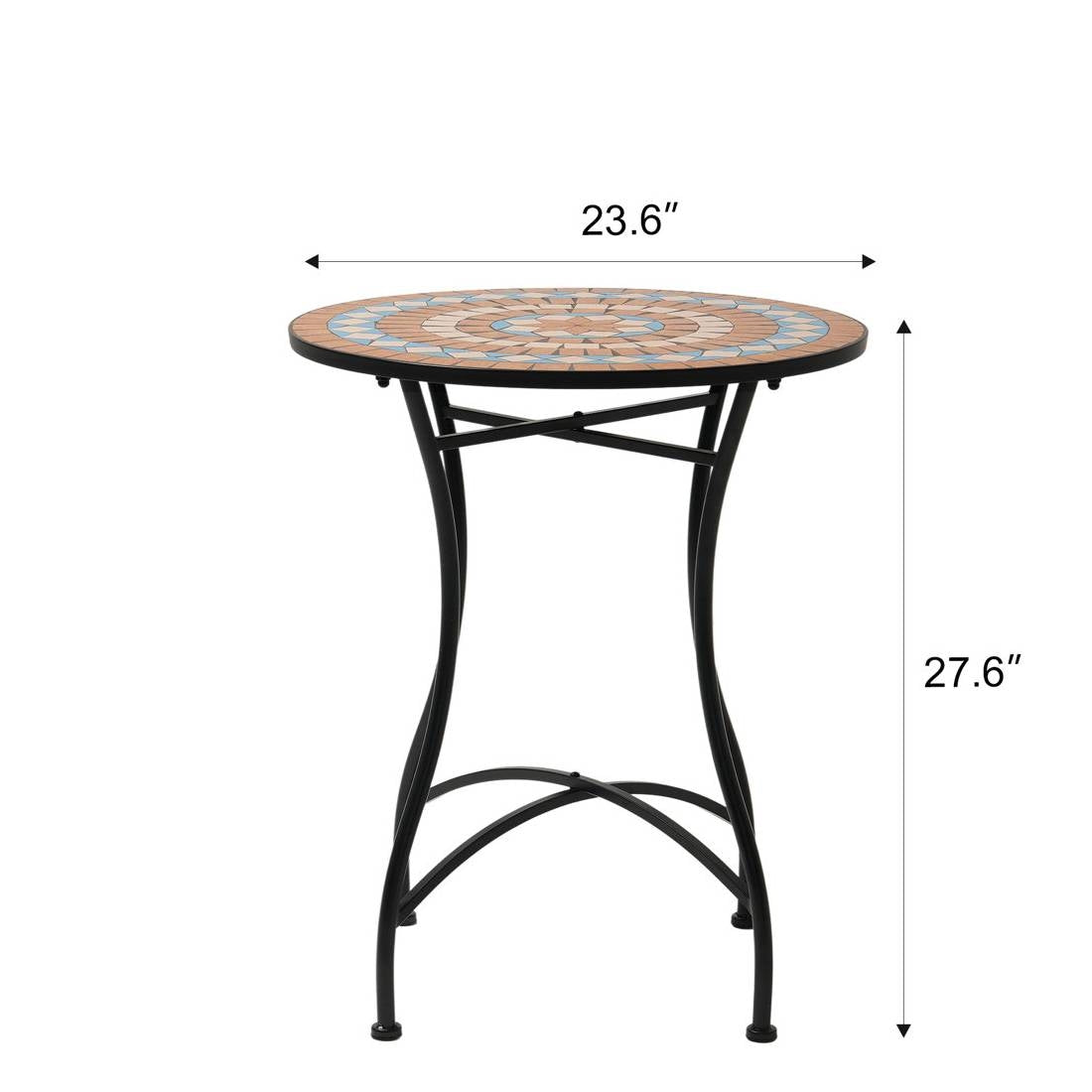 Round 24-inch Blue Beige Mosaic Tile Pattern Bistro Table with Black Metal Legs