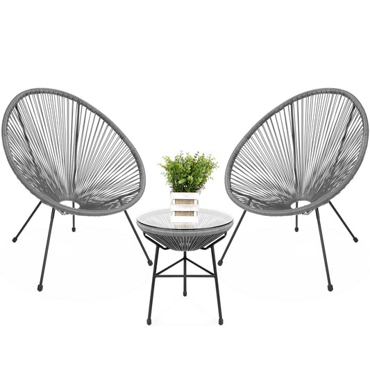 3 Piece Grey Oval Patio Rope Woven Chair Bistro Set