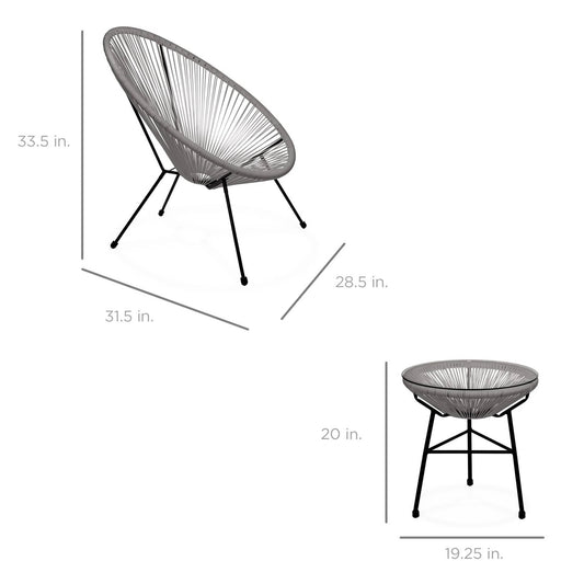 3 Piece Grey Oval Patio Rope Woven Chair Bistro Set