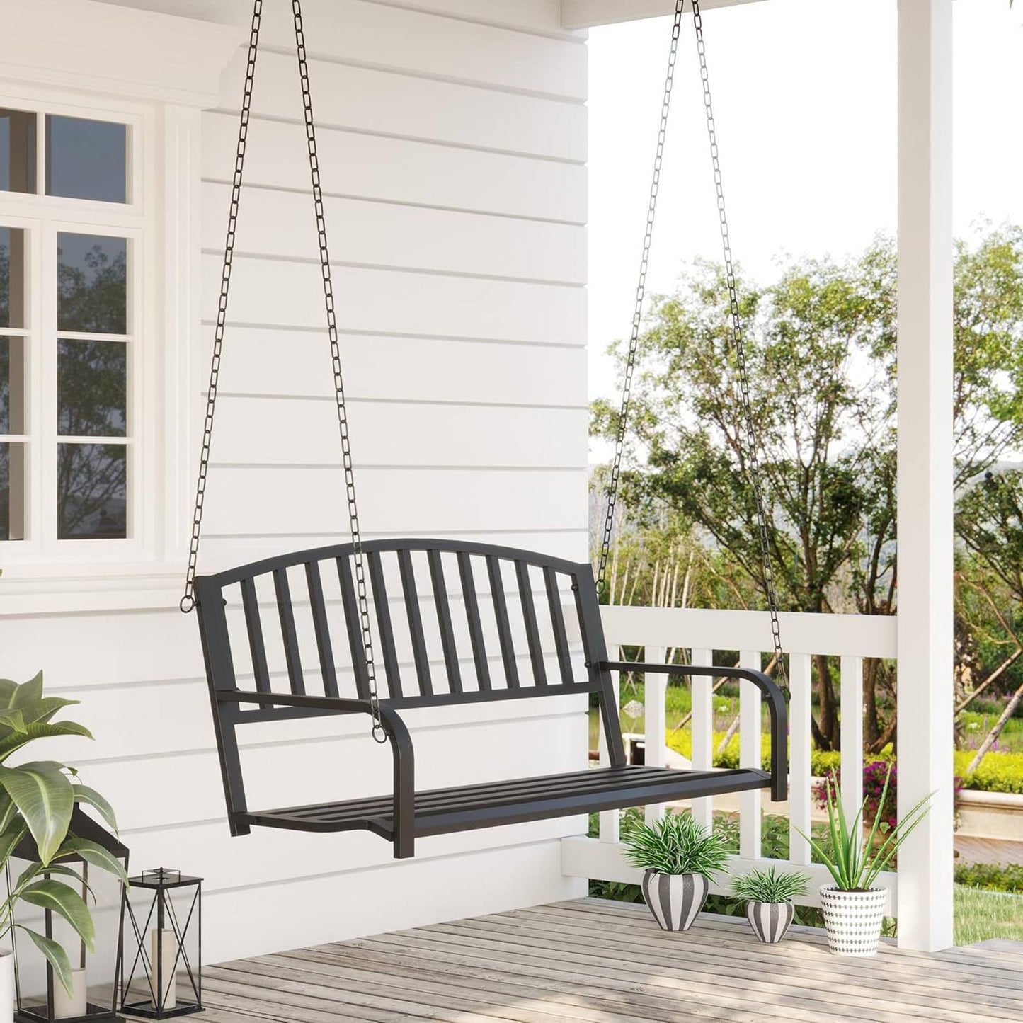 Modern Farmhouse Antique Black 2-Person Metal Outdoor Hanging Porch Swing