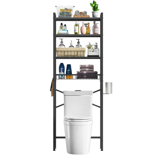Over the Toilet Bathroom Storage Industrial Metal Wood Shelving Unit Black