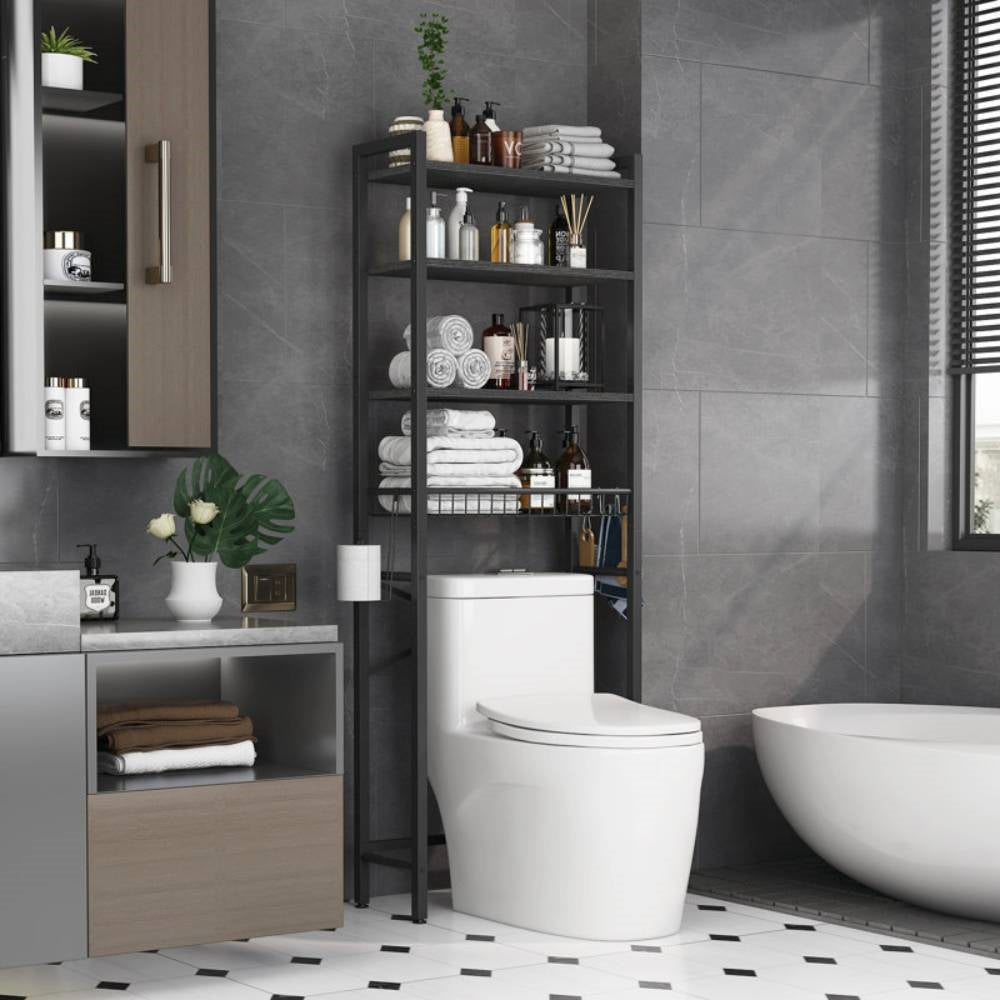 Over the Toilet Bathroom Storage Industrial Metal Wood Shelving Unit Black