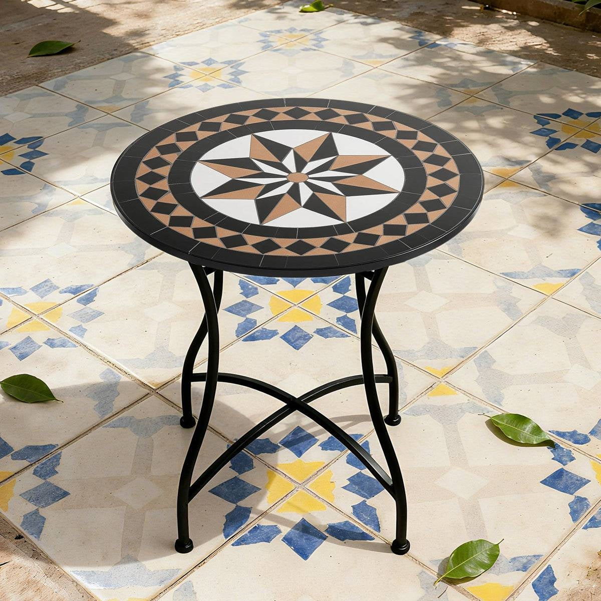 Round 24-inch Black Tan Mosaic Tile Star Pattern Bistro Table with Metal Legs