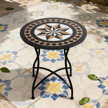 Round 24-inch Black Tan Mosaic Tile Star Pattern Bistro Table with Metal Legs