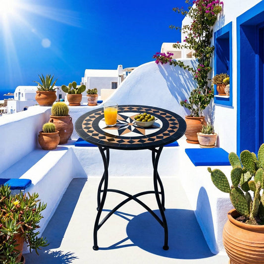 Round 24-inch Black Tan Mosaic Tile Star Pattern Bistro Table with Metal Legs