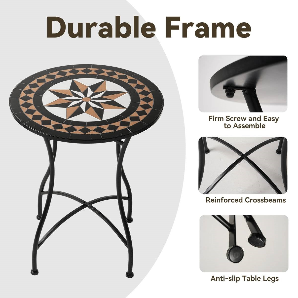 Round 24-inch Black Tan Mosaic Tile Star Pattern Bistro Table with Metal Legs