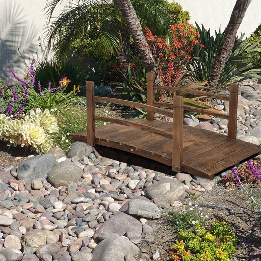 Solid Dark Wood 4-Ft Garden Bridge with Handrails