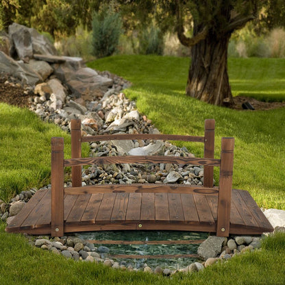 Solid Dark Wood 4-Ft Garden Bridge with Handrails