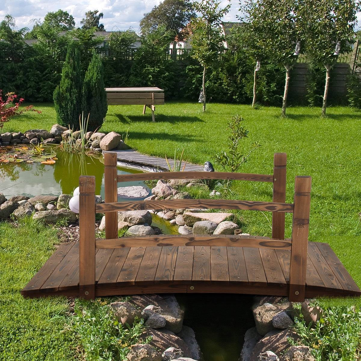 Solid Dark Wood 4-Ft Garden Bridge with Handrails
