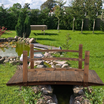 Solid Dark Wood 4-Ft Garden Bridge with Handrails