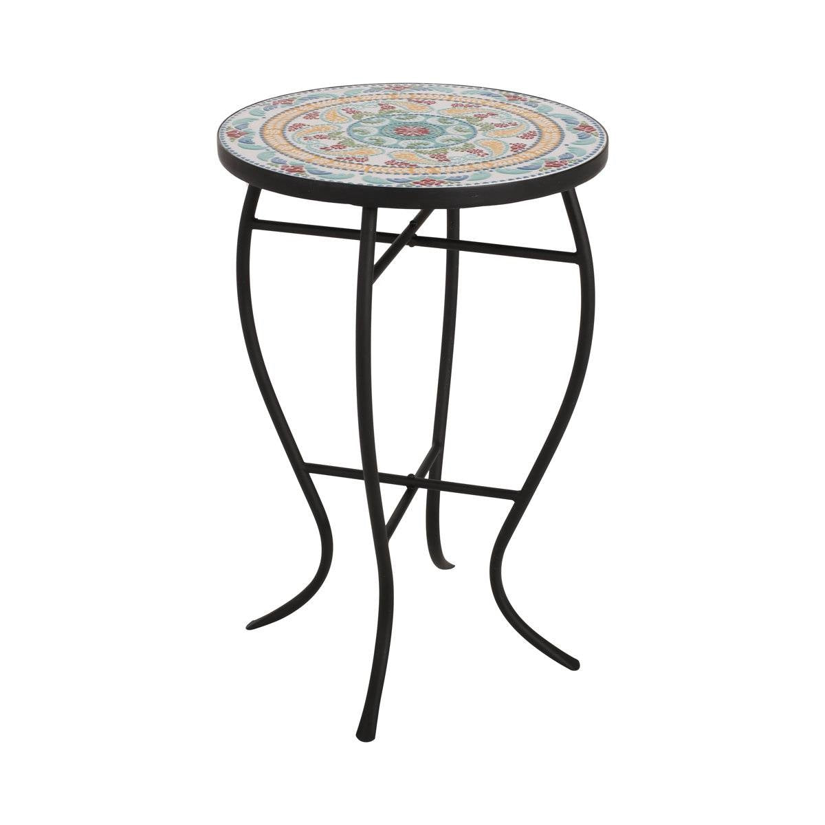 Round Mosaic Tile Bistro Style Outdoor Patio Table with Metal Base