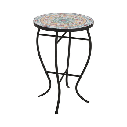 Round Mosaic Tile Bistro Style Outdoor Patio Table with Metal Base
