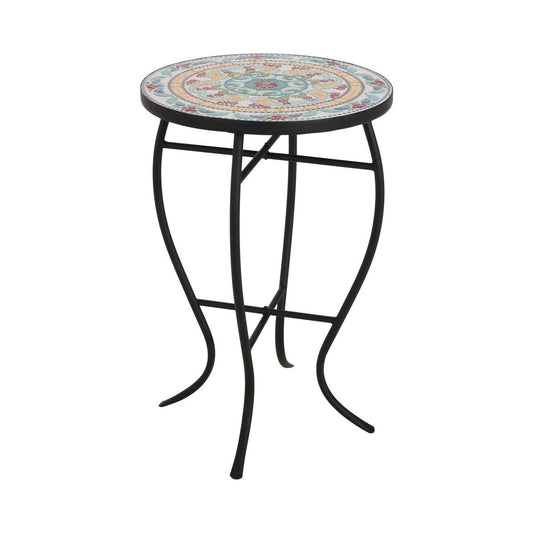 Round Mosaic Tile Bistro Style Outdoor Patio Table with Metal Base