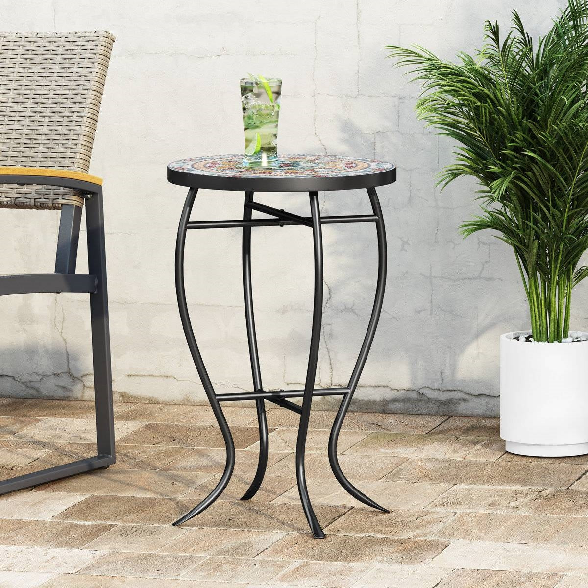 Round Mosaic Tile Bistro Style Outdoor Patio Table with Metal Base