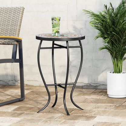 Round Mosaic Tile Bistro Style Outdoor Patio Table with Metal Base