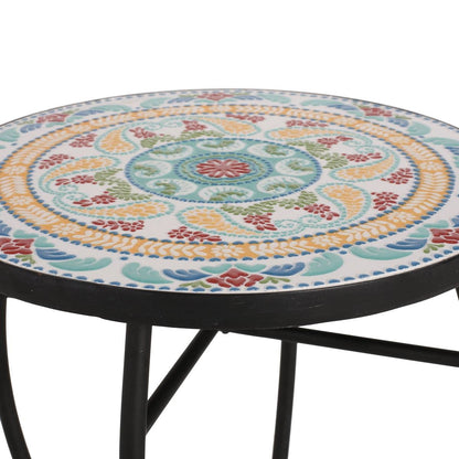 Round Mosaic Tile Bistro Style Outdoor Patio Table with Metal Base