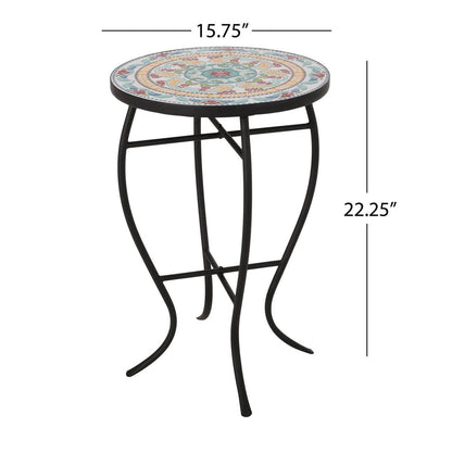 Round Mosaic Tile Bistro Style Outdoor Patio Table with Metal Base