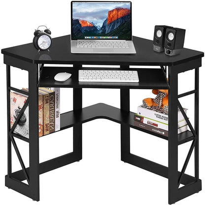 Home Office Corner Computer Desk with Keyboard Tray and Storage Shelves in Black