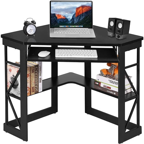 Home Office Corner Computer Desk with Keyboard Tray and Storage Shelves in Black