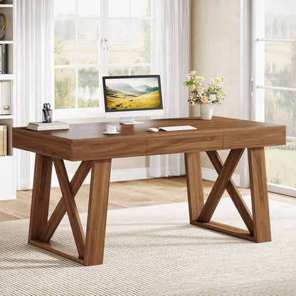 Mid-Century Farmhouse Office Computer Desk with Drawer in Brown Wood Finish