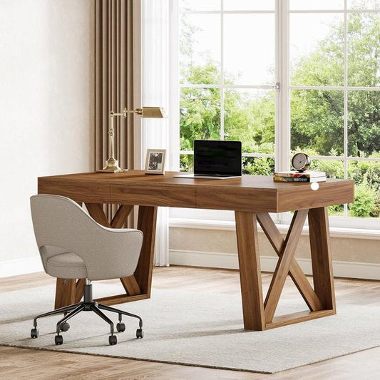 Mid-Century Farmhouse Office Computer Desk with Drawer in Brown Wood Finish