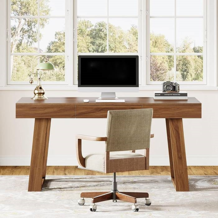 Mid-Century Farmhouse Office Computer Desk with Drawer in Brown Wood Finish