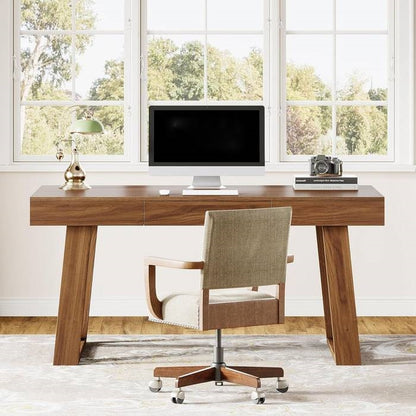 Mid-Century Farmhouse Office Computer Desk with Drawer in Brown Wood Finish