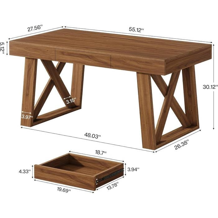 Mid-Century Farmhouse Office Computer Desk with Drawer in Brown Wood Finish