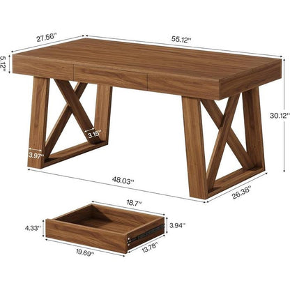 Mid-Century Farmhouse Office Computer Desk with Drawer in Brown Wood Finish