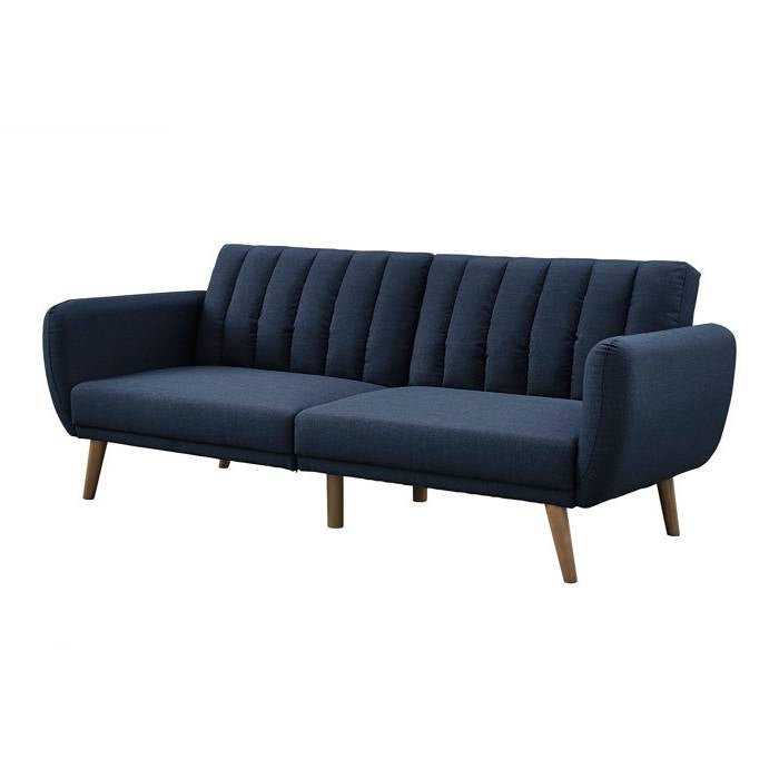 Navy Linen Futon Sofa Bed with Modern Mid-Century Style Wooden Legs