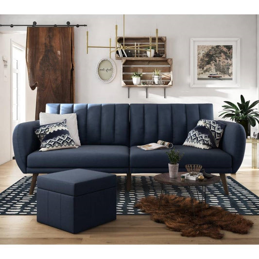 Navy Linen Futon Sofa Bed with Modern Mid-Century Style Wooden Legs