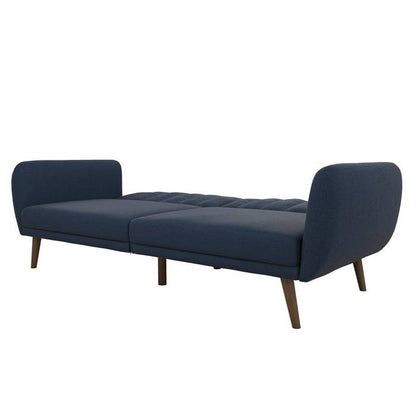 Navy Linen Futon Sofa Bed with Modern Mid-Century Style Wooden Legs