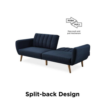 Navy Linen Futon Sofa Bed with Modern Mid-Century Style Wooden Legs