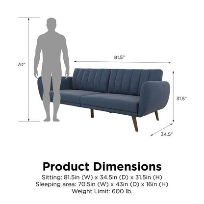 Navy Linen Futon Sofa Bed with Modern Mid-Century Style Wooden Legs