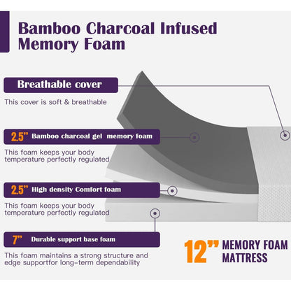 Queen size 12-inch Charcoal Infused Memory Foam Mattress with Removable Cover