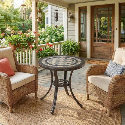 Round Ceramic Tile Bistro Style Outdoor Patio Table with Bronze Metal Base
