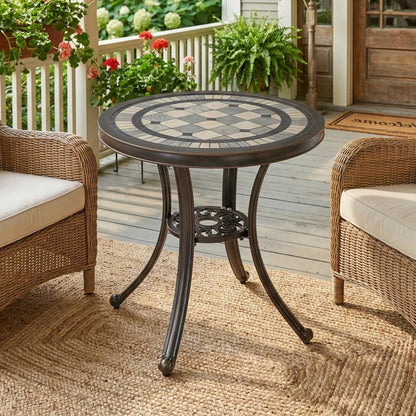 Round Ceramic Tile Bistro Style Outdoor Patio Table with Bronze Metal Base