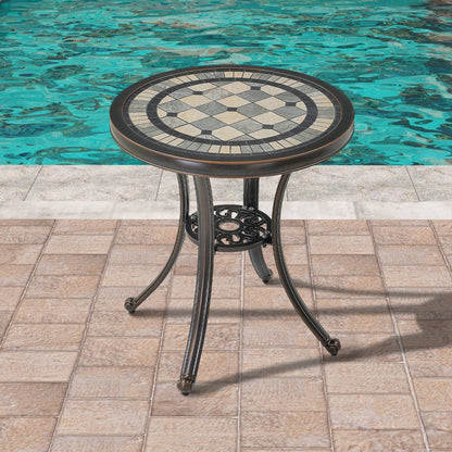 Round Ceramic Tile Bistro Style Outdoor Patio Table with Bronze Metal Base