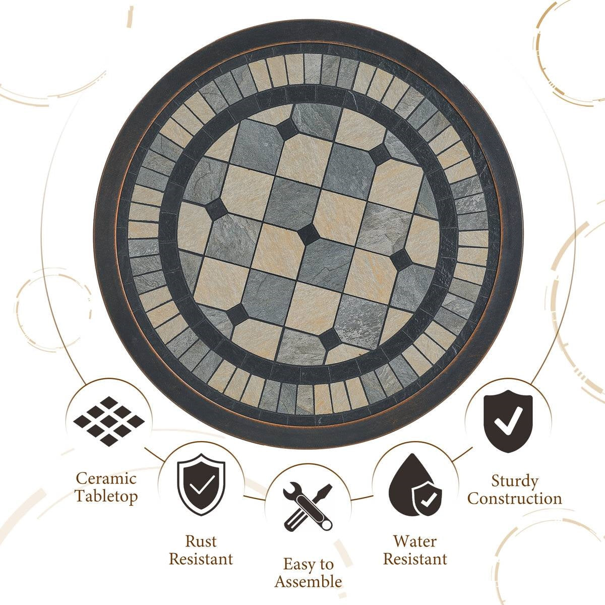 Round Ceramic Tile Bistro Style Outdoor Patio Table with Bronze Metal Base