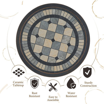 Round Ceramic Tile Bistro Style Outdoor Patio Table with Bronze Metal Base