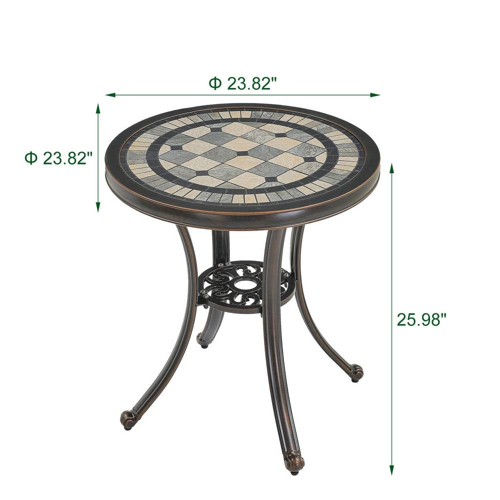 Round Ceramic Tile Bistro Style Outdoor Patio Table with Bronze Metal Base