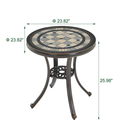 Round Ceramic Tile Bistro Style Outdoor Patio Table with Bronze Metal Base