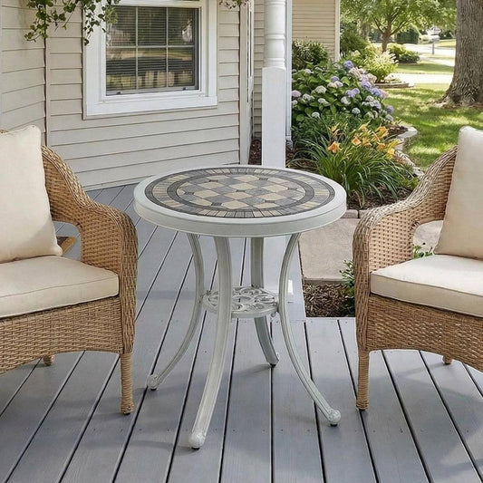 Round Ceramic Tile Outdoor Patio Bistro Table with Off White Metal Base
