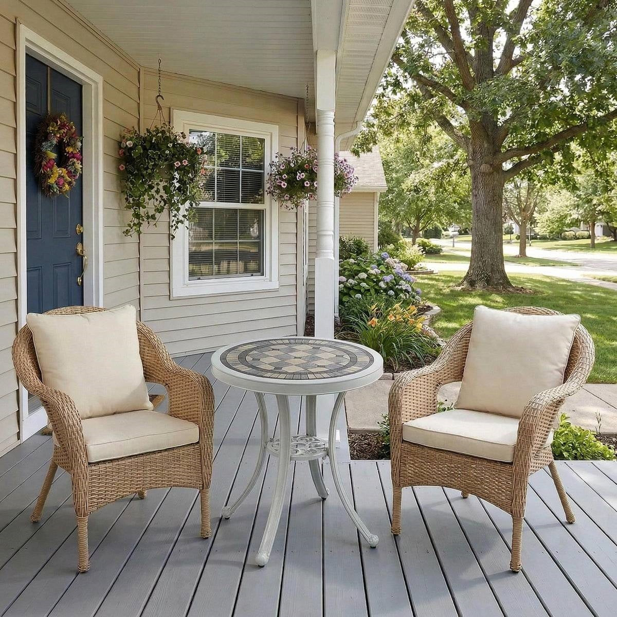 Round Ceramic Tile Outdoor Patio Bistro Table with Off White Metal Base