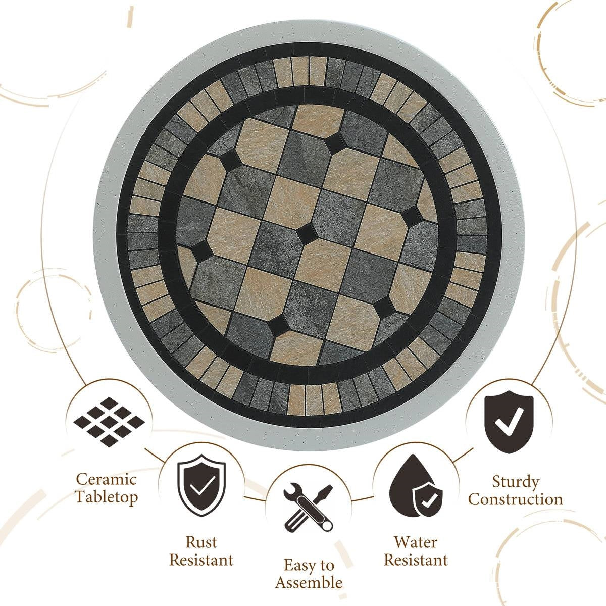 Round Ceramic Tile Outdoor Patio Bistro Table with Off White Metal Base