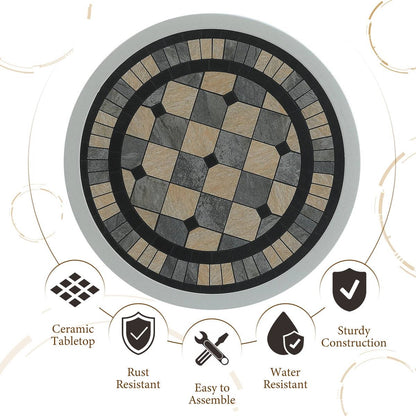 Round Ceramic Tile Outdoor Patio Bistro Table with Off White Metal Base
