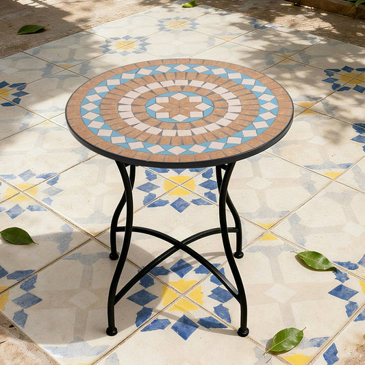 Round 24-inch Blue Beige Mosaic Tile Pattern Bistro Table with Black Metal Legs